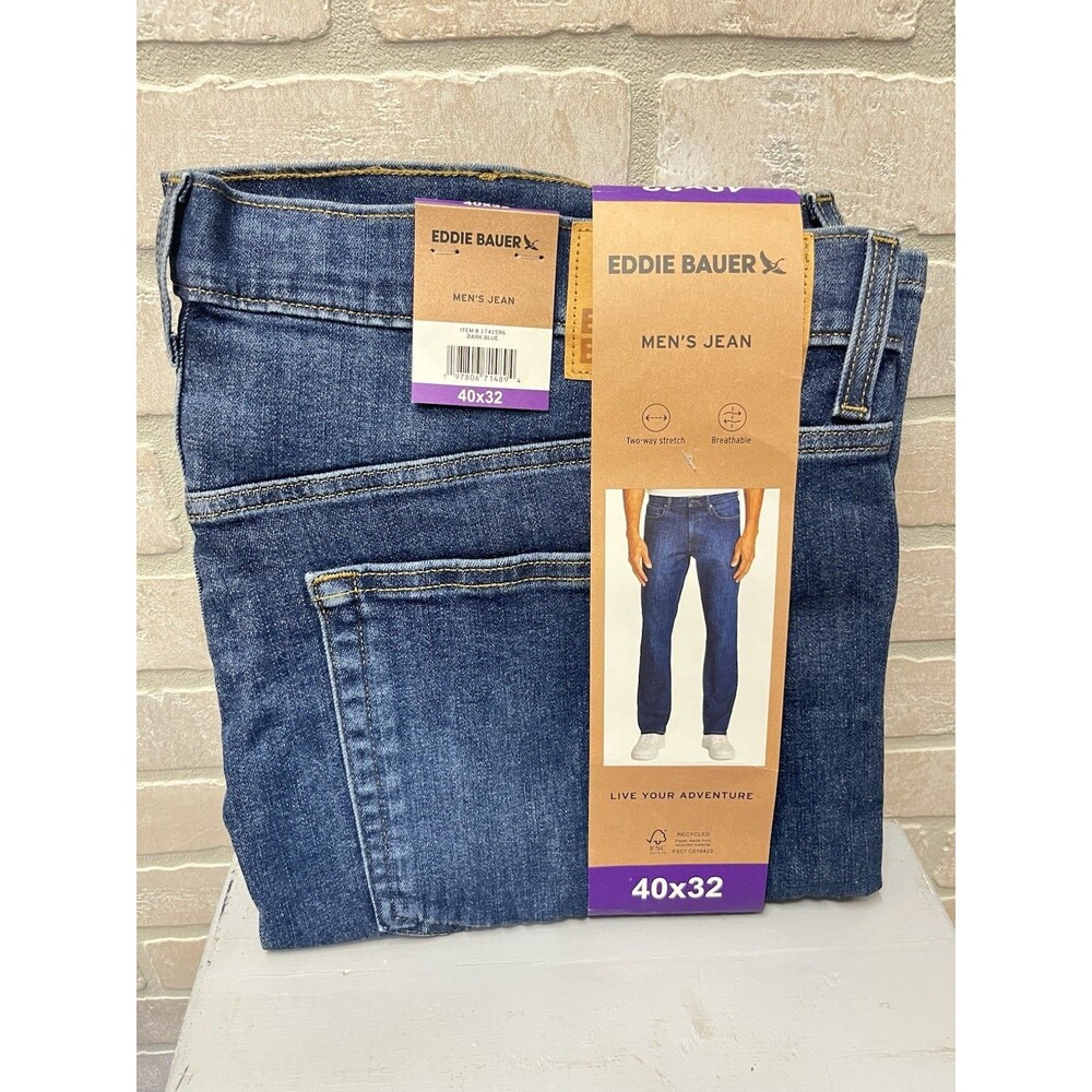 Eddie Bauer menβs jeans Sz40/32 dark blue denim two Way stretch breathable NWT